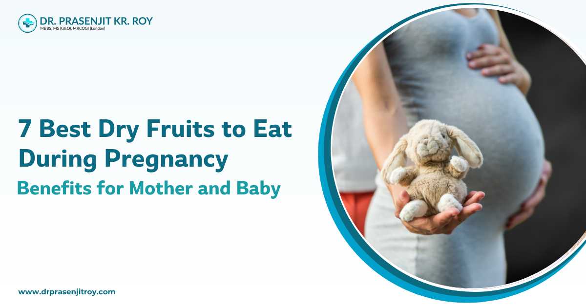 Pregnant woman holding baby toy with baby bump – best dry fruits during pregnancy for mother and baby health