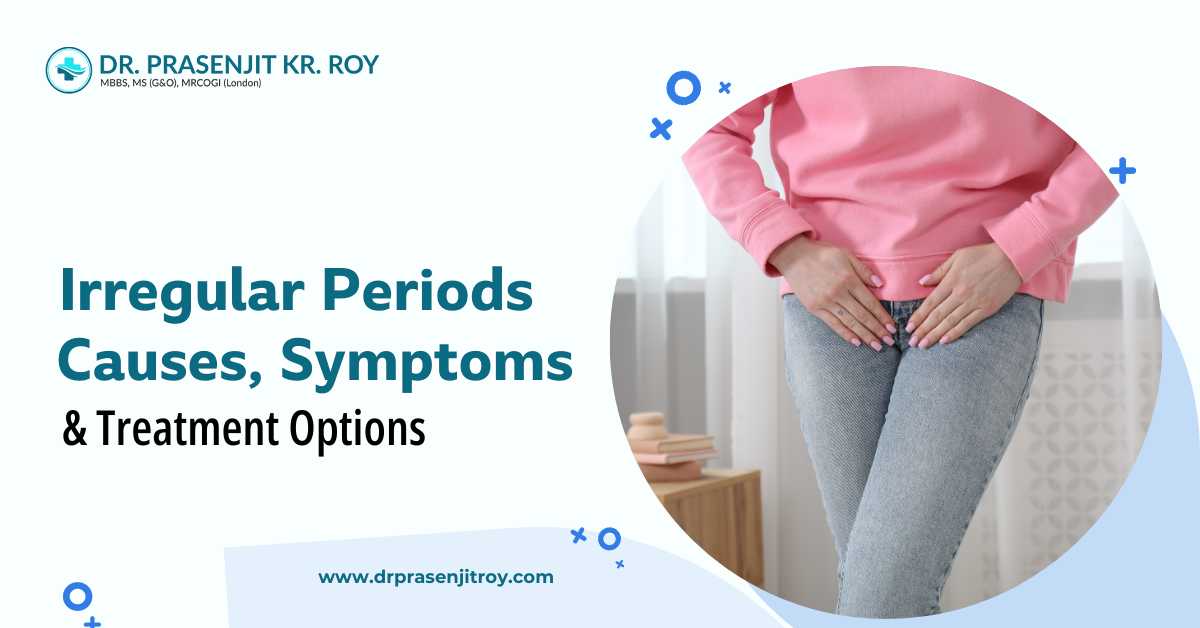 Irregular periods in women showing lower abdominal discomfort, illustrating causes, symptoms, and treatment options for irregular menstrual cycles.