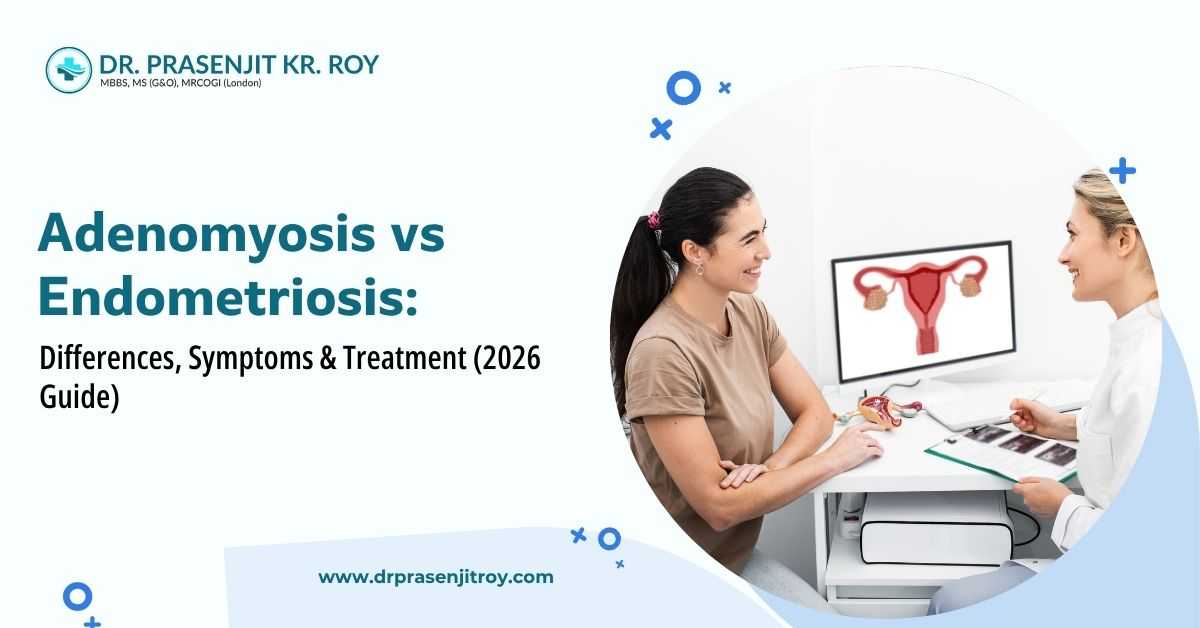 A woman consulting Dr. Prasenjit Kr Roy about adenomyosis vs endometriosis with a uterus diagram showing differences, symptoms, diagnosis, and treatment.