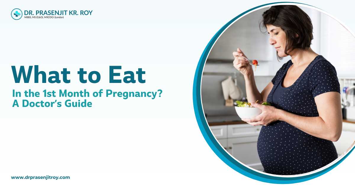 What to eat in the 1st month of pregnancy – pregnant woman eating healthy salad, doctor’s diet guide